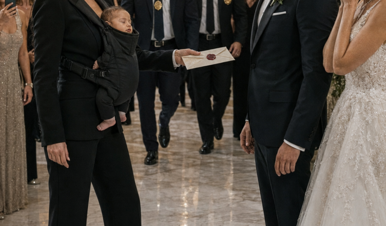 Six weeks after my husband threw our newborn daughter and me out into the middle of a raging snowstorm, I walked into his wedding dressed entirely in black. My baby slept peacefully against my chest while I carried a sealed envelope that had the power to change everything. The instant he saw me, the smile vanished from his face. “What are you doing here?” he whispered, his voice suddenly unsteady. I stepped closer, met his eyes, and quietly replied, “I’m here to finish what you started.” At that exact moment, the music stopped, and the entire room fell into complete silence.